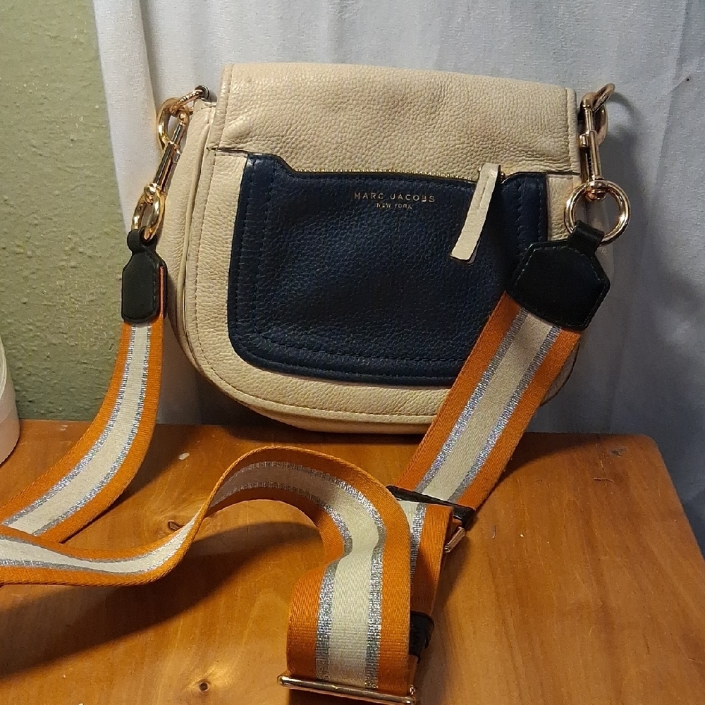 Marc Jacobs Cream & Navy Leather Crossbody Bag with Orange Strap